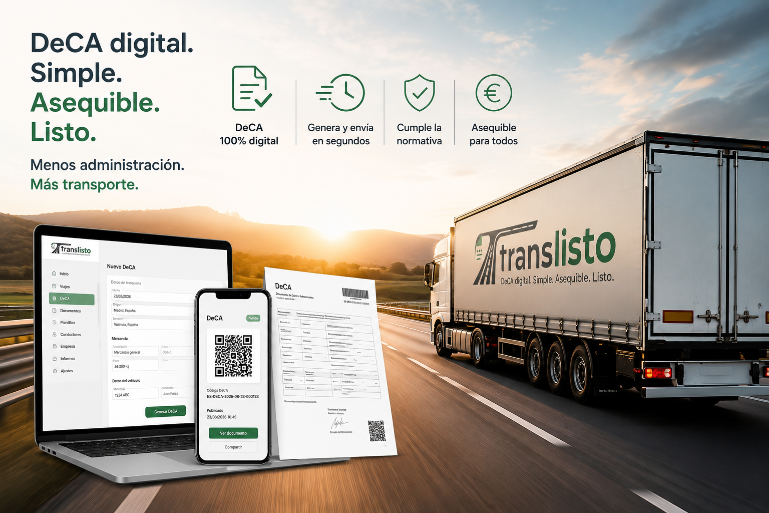 Camión con la imagen de TransListo en la lona, circulando por una autopista al atardecer. Delante, un portátil con el formulario de un nuevo DeCA, un móvil mostrando el código QR del documento y el DeCA impreso.